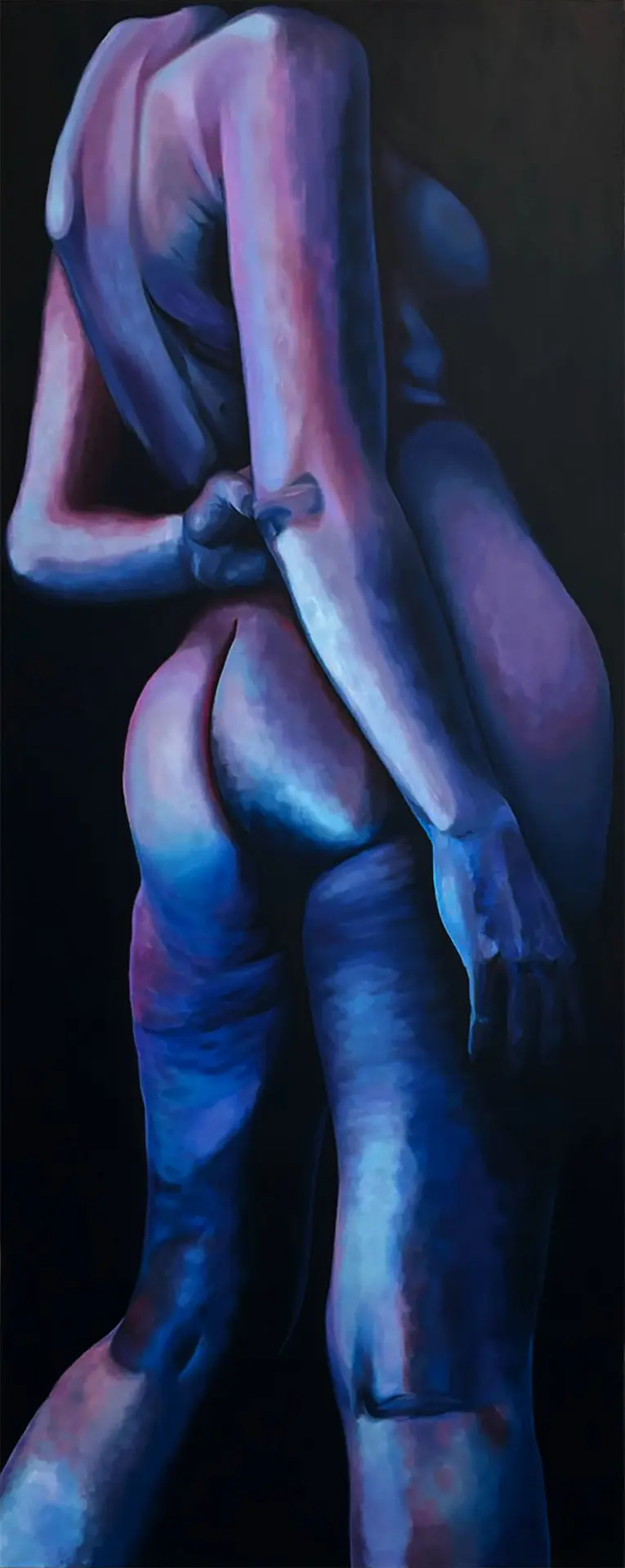 Jagoda Laprus. Painting 150x60cm. Realistic oil nude in a narrow format showing a woman from the back holding her opposite elbow in subdued shades of purple and navy