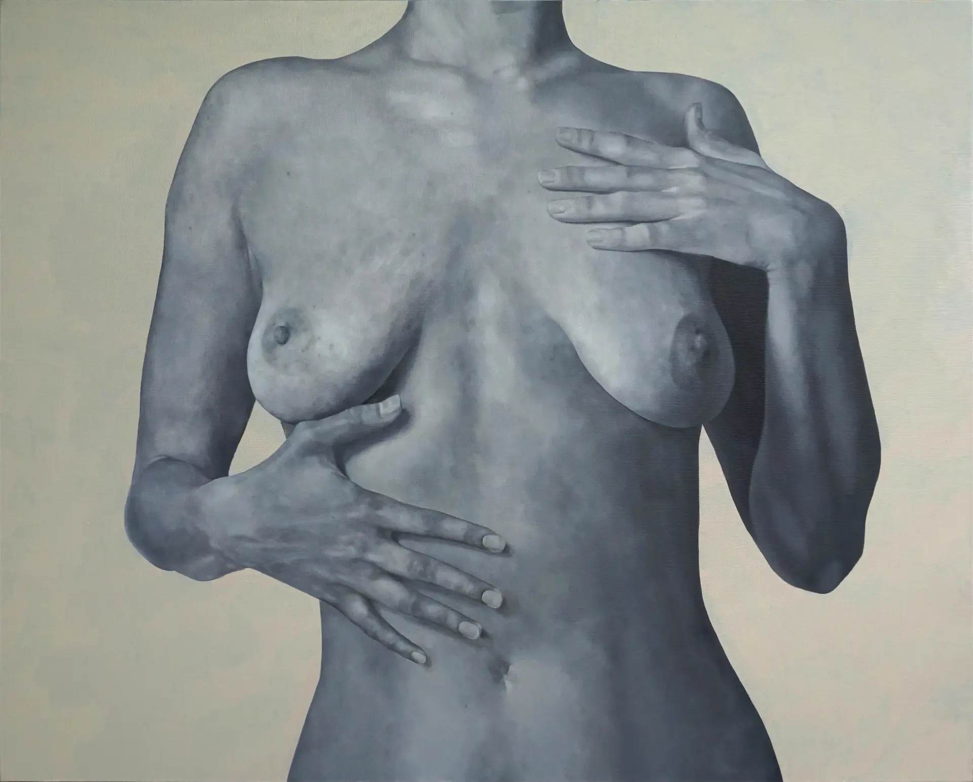 Oil painting depicting a female torso in a cool, monochromatic tone