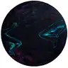 Jagoda Laprus. Round artwork with a diameter of 30cm. Oil painting depicting human silhouettes in negative floating in a surreal dark space