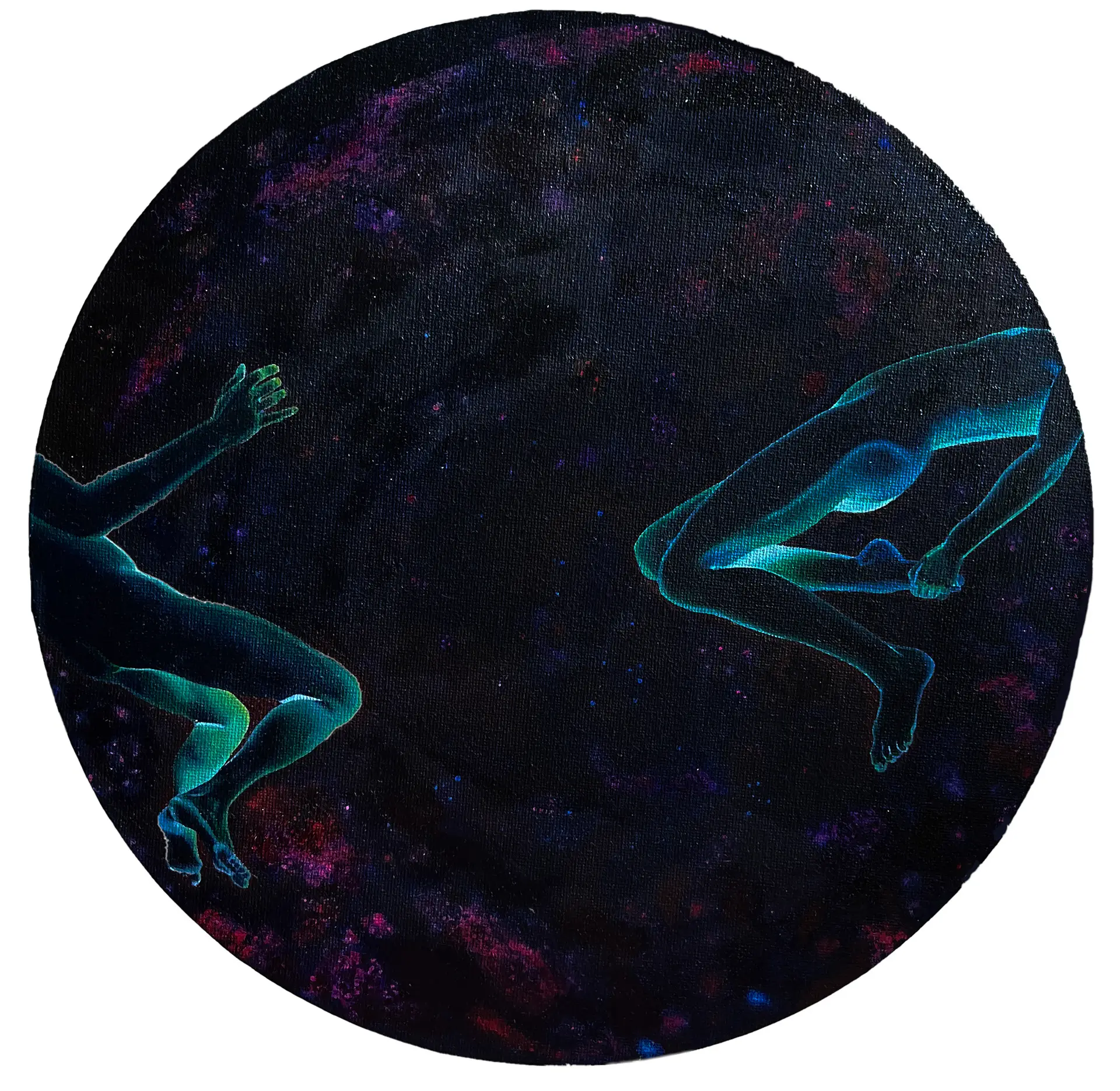 Jagoda Laprus. Okrągły dzieło o średnicy 30cm. Obraz olejny przedstawiający ludzkie sylwetki w negatywie unoszące się w surrealistycznej mrocznej przestrzeni