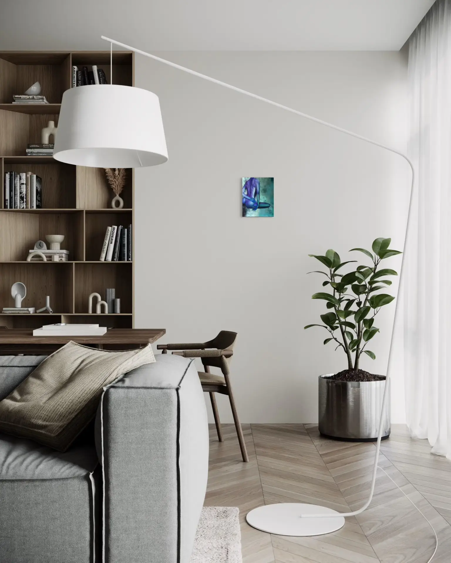 Minimalist Scandinavian-style living room with a gray sofa, modern white floor lamp, and a blue-toned painting depicting a female nude