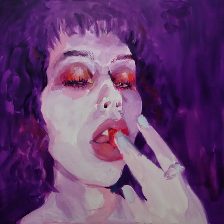 Jagoda Laprus. Obraz olejny 30x50cm. Fioletowo-różowy portret przedstawiający dziewczynę jedzącą Haribo