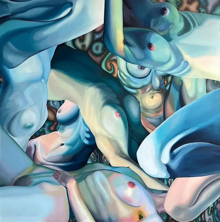 Jagoda Laprus. Obraz 130x130cm. Wielkoformatowy wielofiguratywny akt olejny w niebieskich barwach przedstawiający kobiety w różnych pozycjach na abstrakcyjnym szczegółowym tle
