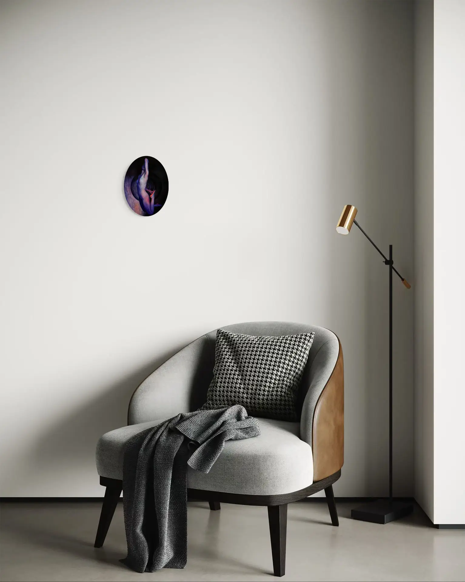 Oval painting of a female nude against an intense background, 24x18 cm format