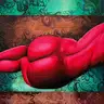 Jagoda Laprus. Oil painting 13x18cm. Reclining nude on her side in vivid red shades on a geometric and abstract brown-green background
