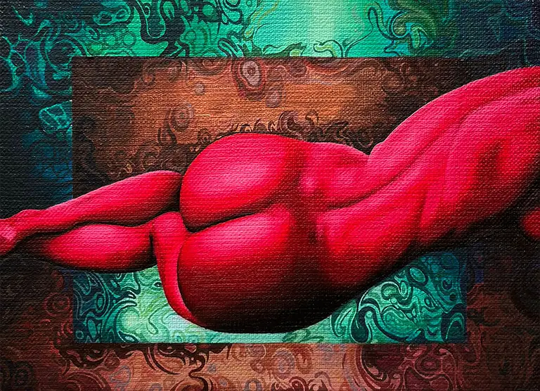 Jagoda Laprus. Obraz olejny 13x18cm. Leżący tyłem na boku akt kobiecy w żywych odcieniach czerwieni na geometrycznym i abstrakcyjnym brązowo zielonym tle