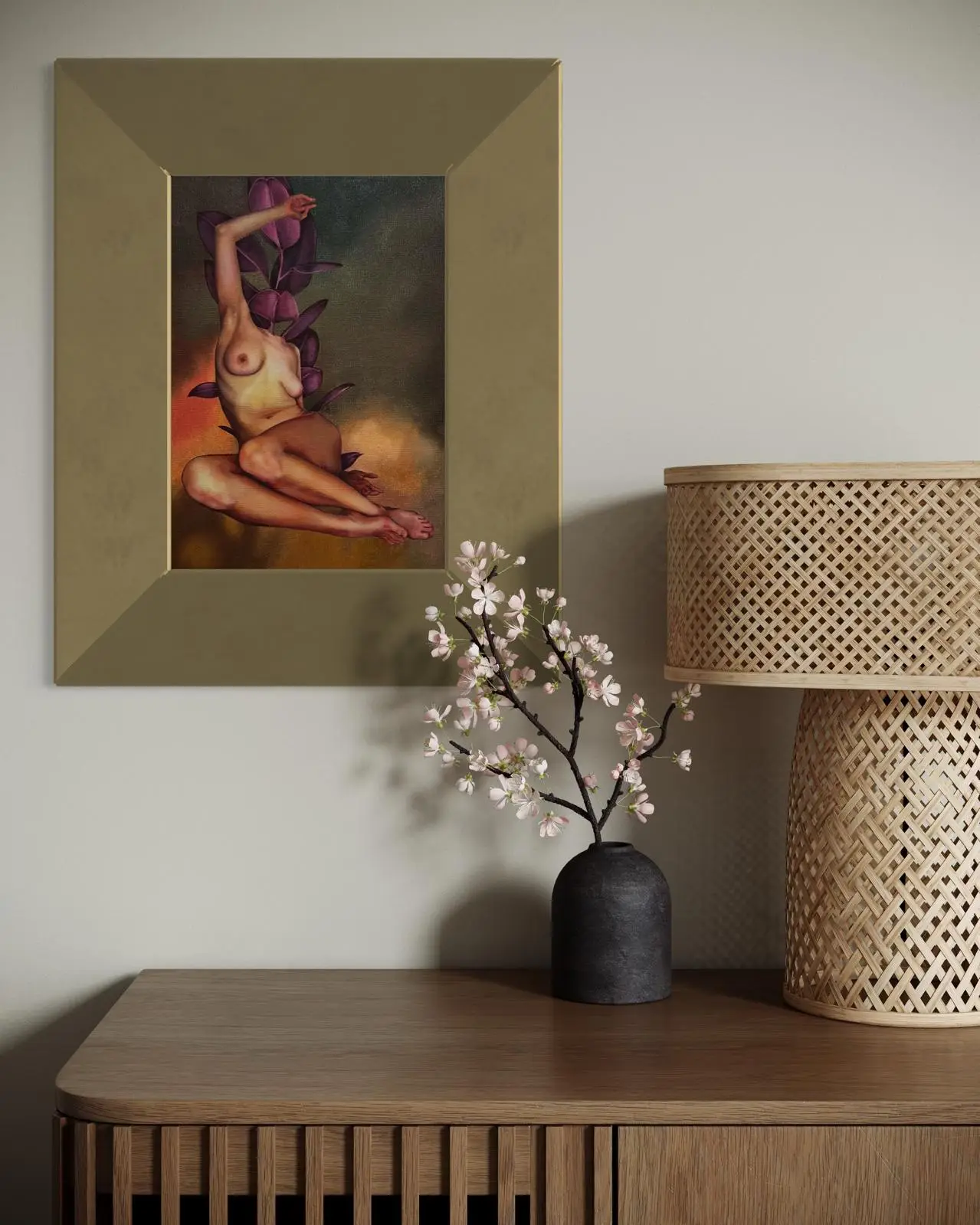 Modern interior with a painting depicting a female nude with purple leaves in a golden frame, placed above a sideboard with a lamp and flowers