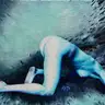 Jagoda Laprus. Oil painting 13x18cm. Blue bent female body on a dark abstract background