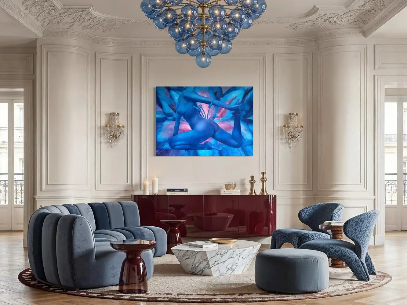 Blue female nude painting in an elegant living room with wall moulding and designer furniture.