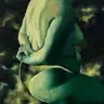 Jagoda Laprus. Oil painting 18x13cm. Seated woman from the back with hands clasped behind her on a cloudy dark sky background in olive green shades