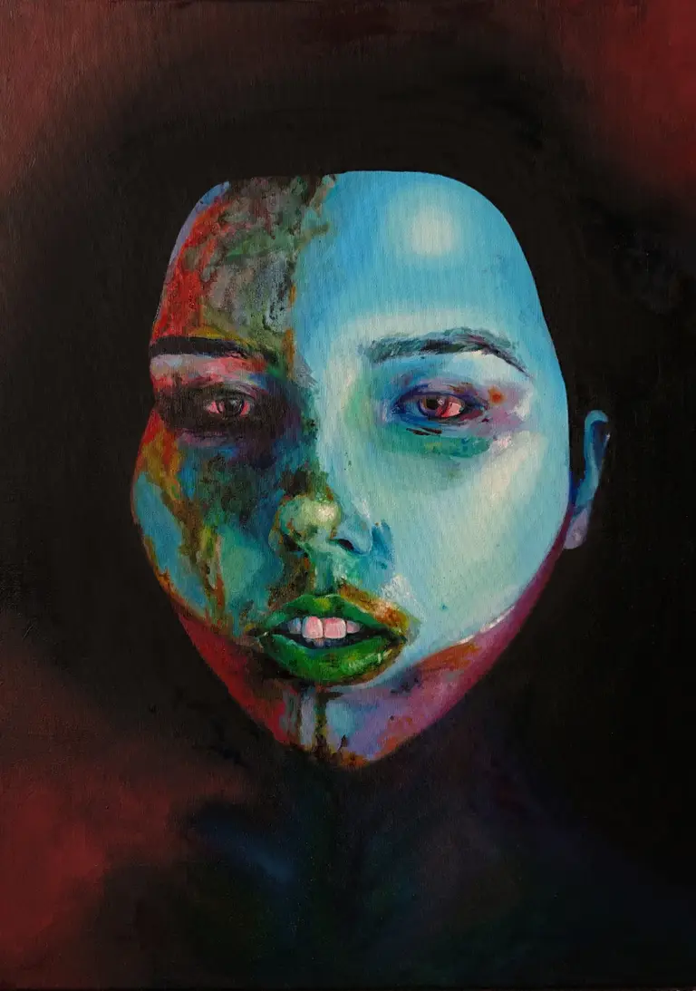Jagoda Laprus. Obraz olejny 70x50cm. Tajemniczy kobiecy portret przedstawiający twarz z uchylonymi ustami zanurzoną w ciemnej wodzie