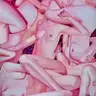 Jagoda Laprus. Nude 130x130cm. Large square multi-figure oil painting with intertwining naked female silhouettes in a subdued pink palette by Jagoda Laprus – young contemporary art