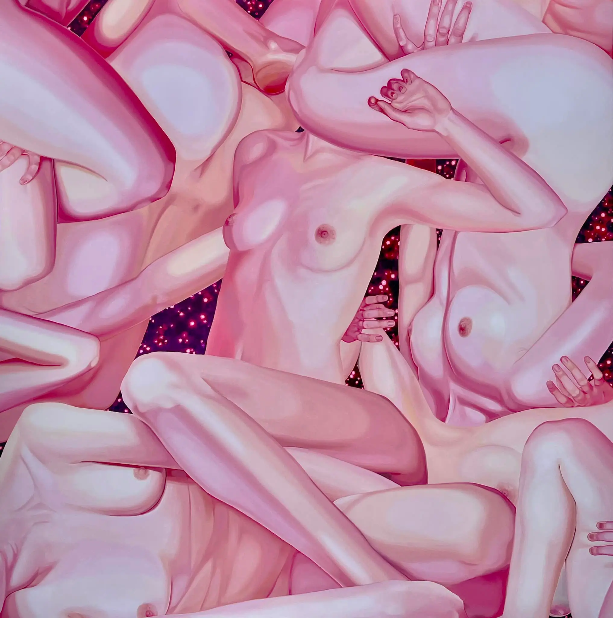Jagoda Laprus. Nude 130x130cm. Large square multi-figure oil painting with intertwining naked female silhouettes in a subdued pink palette by Jagoda Laprus – young contemporary art
