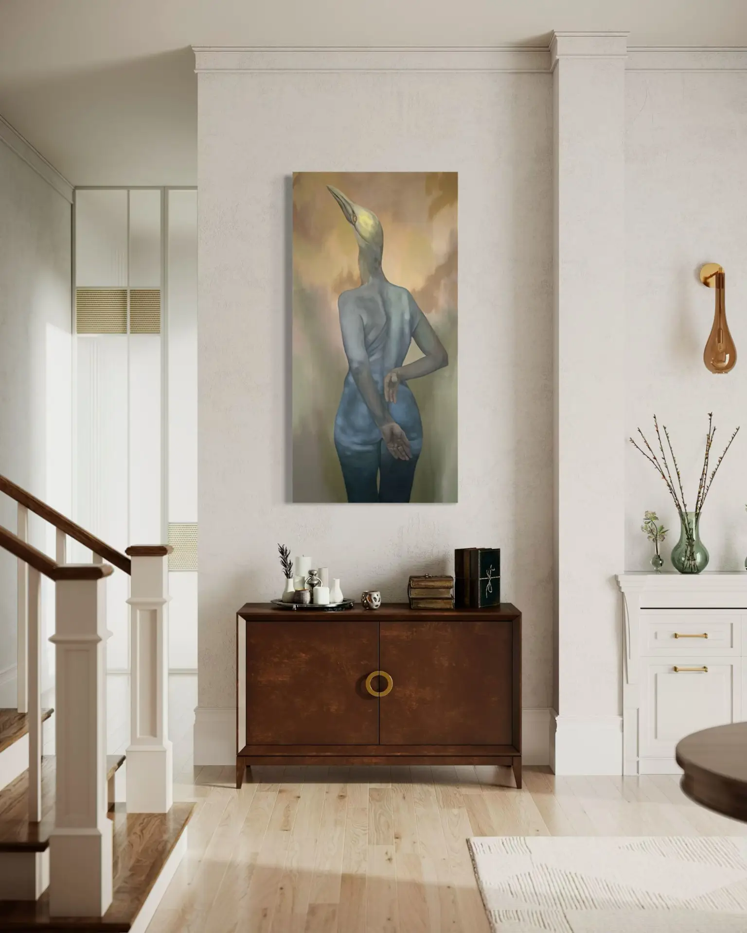Surrealist painting with a bird figure in an elegant interior
