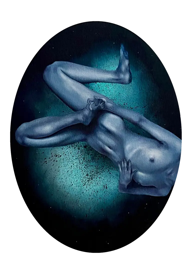 Oval oil painting on panel by Jagoda Laprus. Modern art depicting a blue female nude suspended in an abstract turquoise space