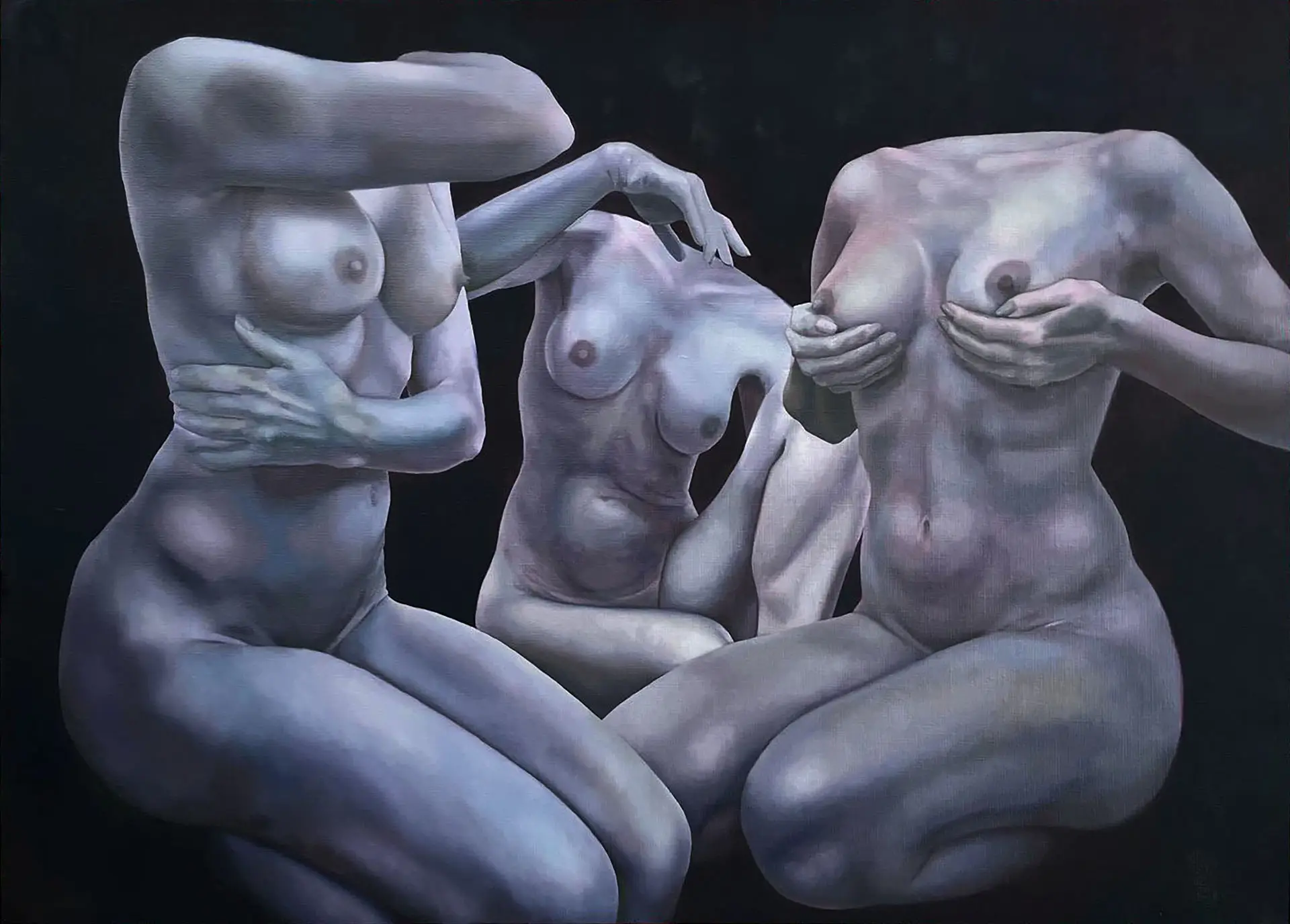 Surreal painting of three headless female nudes on a dark background