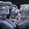 Surreal painting of three headless female nudes on a dark background