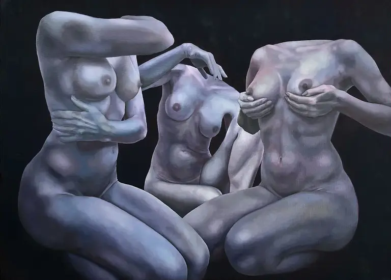 Surreal painting of three headless female nudes on a dark background