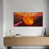 Figure in orange pose surrounded by clouds, surreal painting with hands