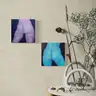 Interior visualization with two small paintings of female nudes from behind, hanging on a beige wall