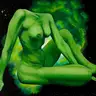 Jagoda Laprus. Oil painting 13x18cm. Side-seated female nude with bent legs against clouds with penetrating light in vivid green colors