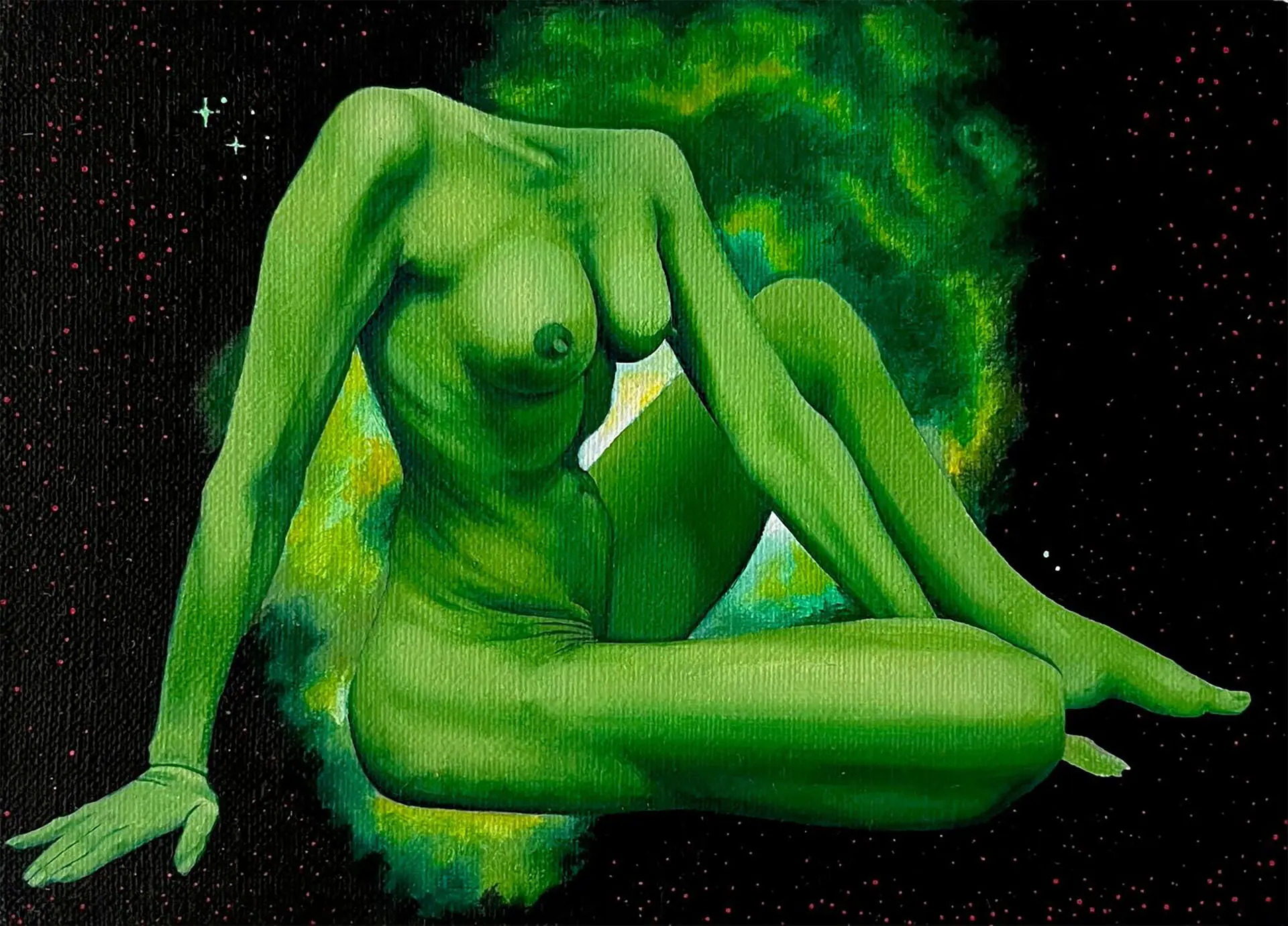 Jagoda Laprus. Oil painting 13x18cm. Side-seated female nude with bent legs against clouds with penetrating light in vivid green colors