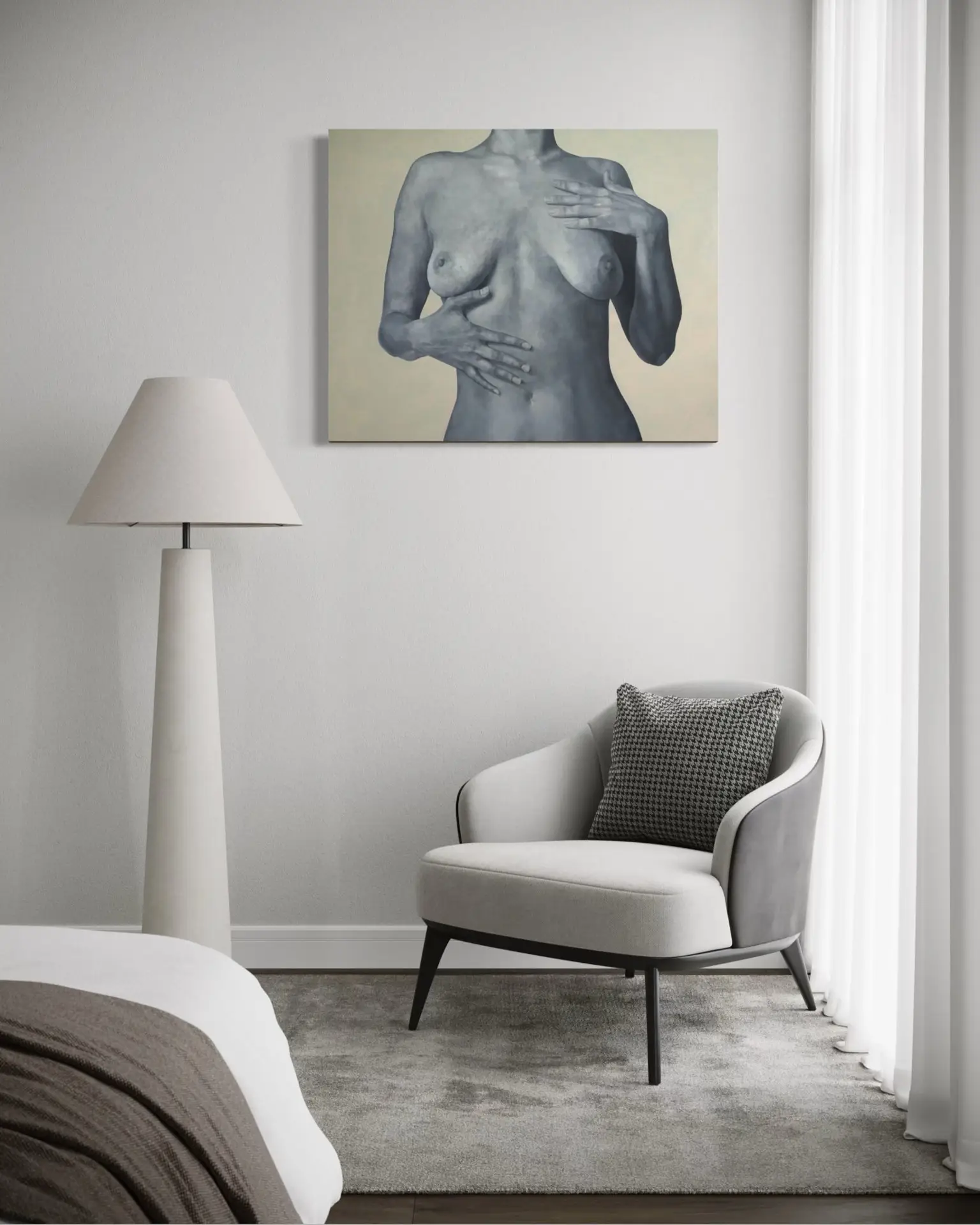 Oil painting with a female nude in a minimalist interior