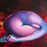 Jagoda Laprus. Oil painting 50x60cm. A work depicting a human body in a fetal position in rainbow colors against a cosmic background