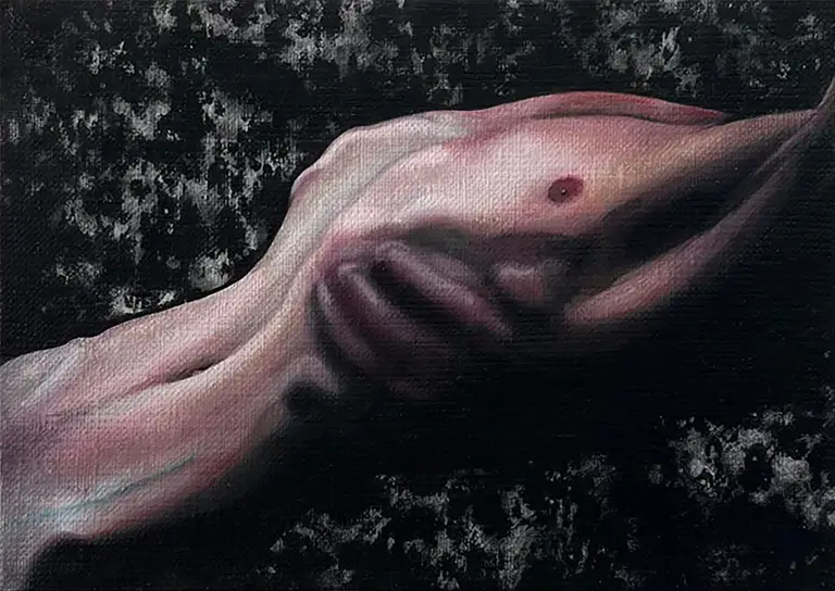 Jagoda Laprus. Obraz olejny 13x18cm. Męski tors z żebrami na czarnym abstrakcyjnym tle