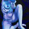 Jagoda Laprus. Oil painting 13x18cm. Seated female nude with raised arm and bent knees in violet and blue shades on a dark abstract background