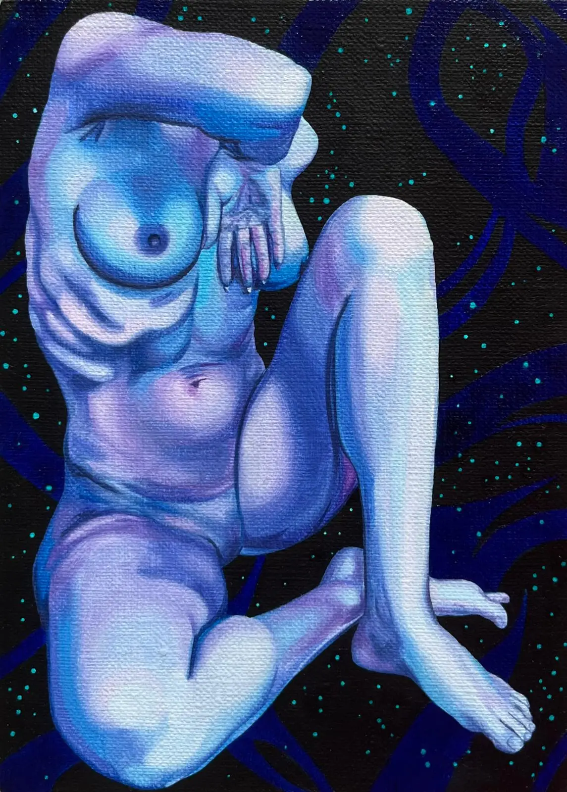 Jagoda Laprus. Oil painting 13x18cm. Seated female nude with raised arm and bent knees in violet and blue shades on a dark abstract background