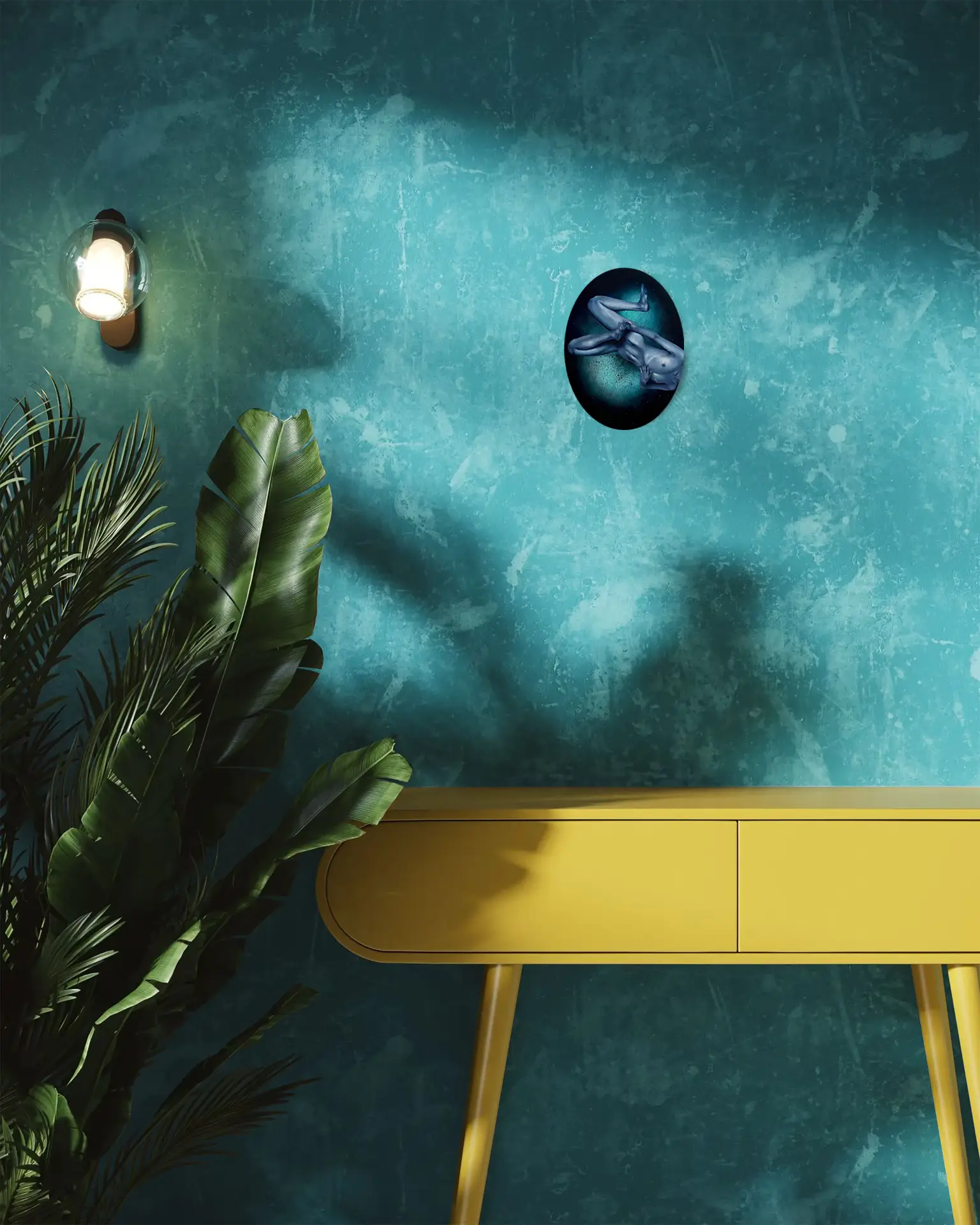 Modern interior with a turquoise wall and a yellow console, decorated with an oval oil painting in cool tones, depicting a female nude against a dark geometric background, by Jagoda Laprus