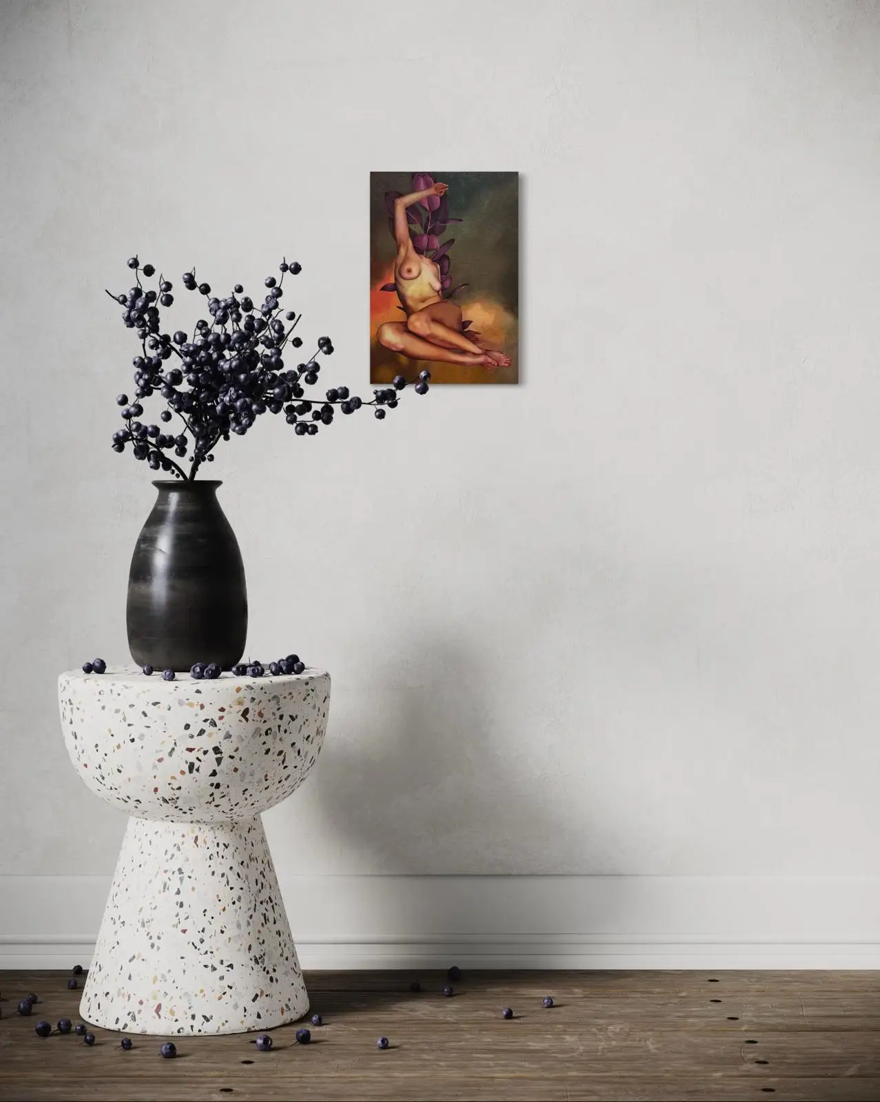 Minimalist interior with a surrealist painting of a female figure with purple leaves, hanging above a designer table with a ceramic vase