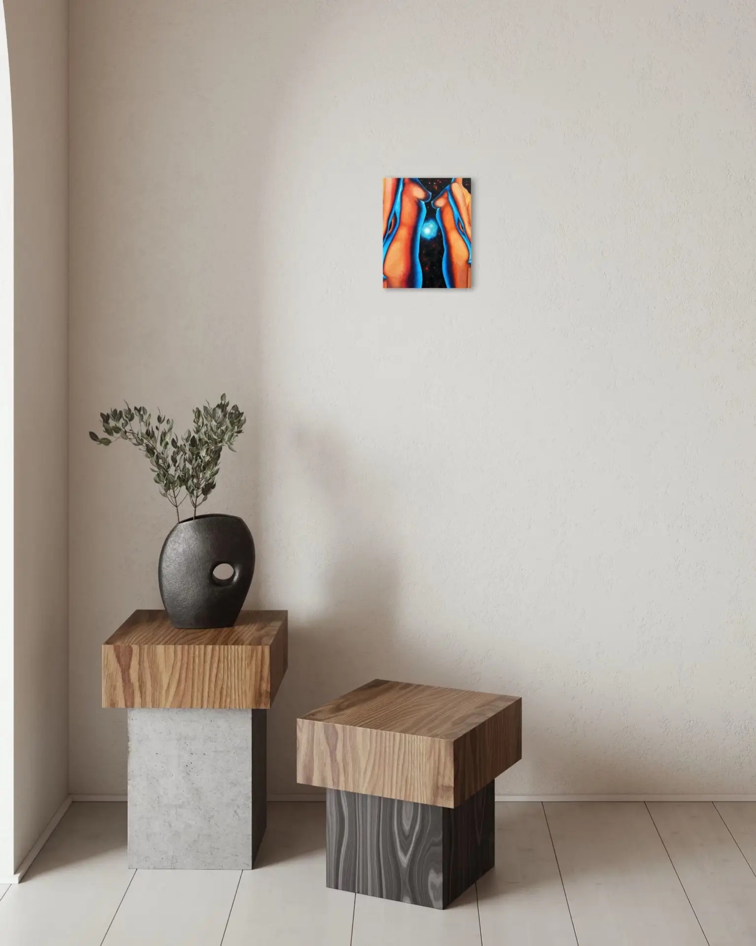 Minimalist interior with wooden tables and an abstract-themed oil painting
