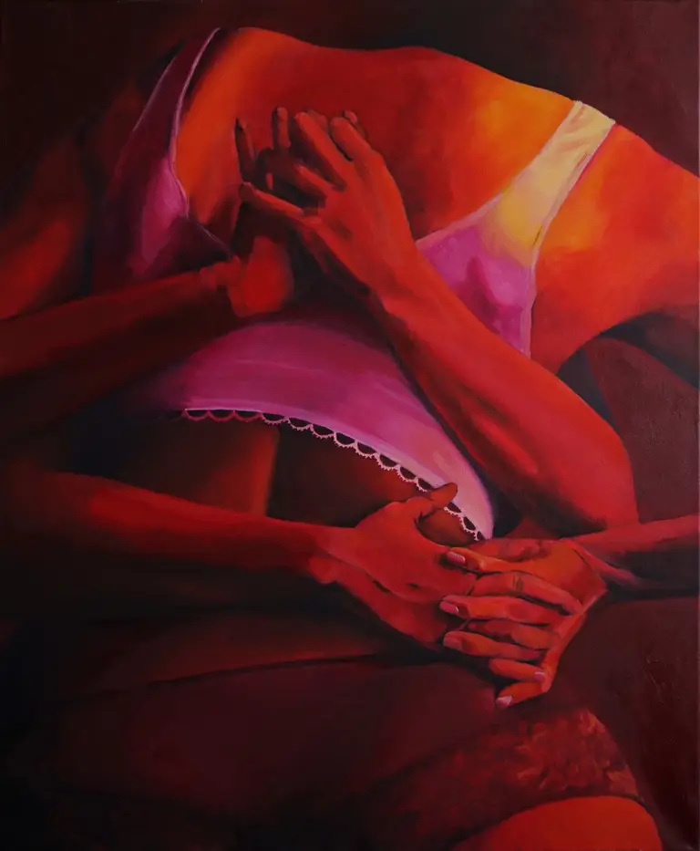 Jagoda Laprus. Obraz olejny 73x60cm. Nastrojowe dzieło w kontrastowych żywych odcieniach czerwieni przedstawiające splątane w uścisku postacie