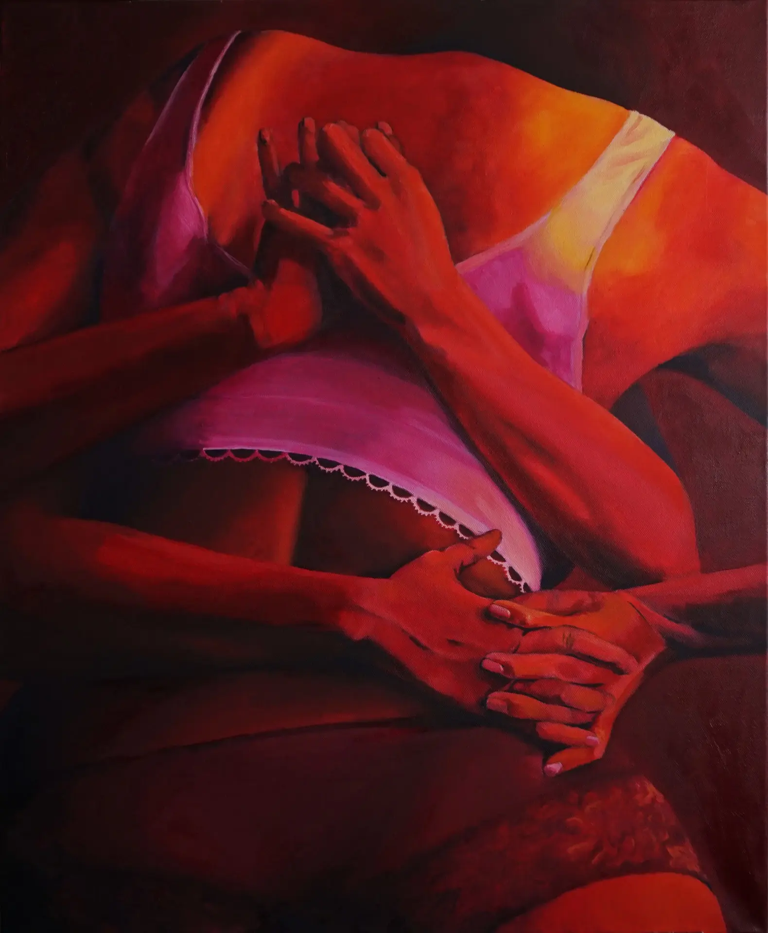 Jagoda Laprus. Oil painting 73x60cm. A moody piece in contrasting vivid reds depicting figures entangled in an embrace