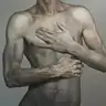 Oil painting of a male torso with crossed arms in a cool grey palette