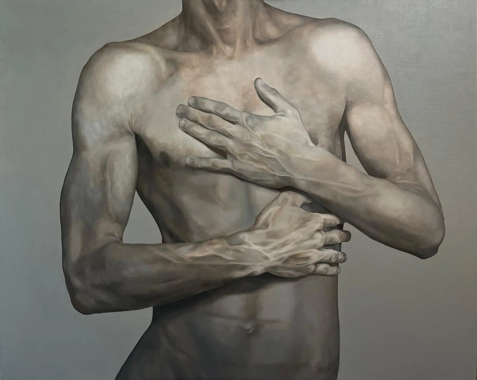 Oil painting of a male torso with crossed arms in a cool grey palette