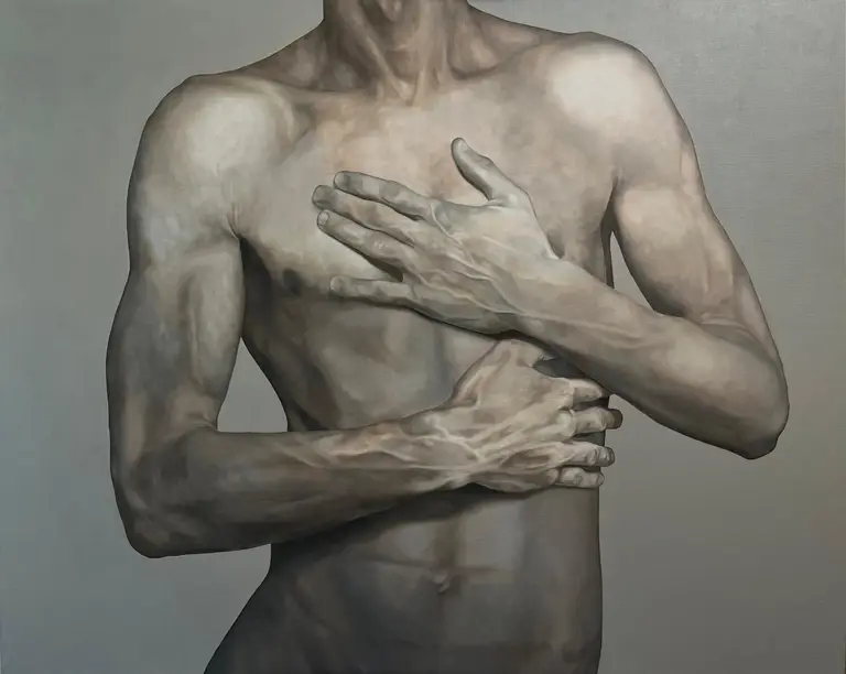 Oil painting of a male torso with crossed arms in a cool grey palette