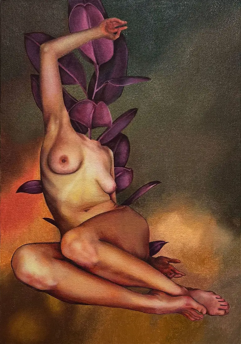 Oil painting in a surrealist style – naked female body intertwined with purple leaves against an abstract sky background