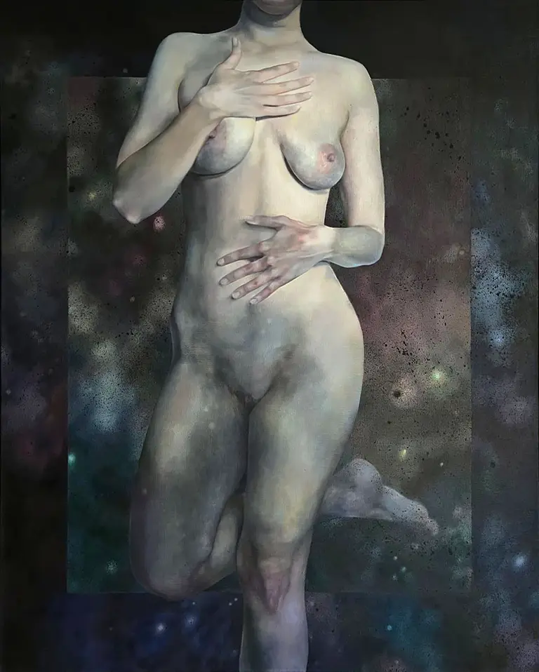 Female nude painting on canvas, contemporary figurative artwork depicting a woman's silhouette on an abstract background