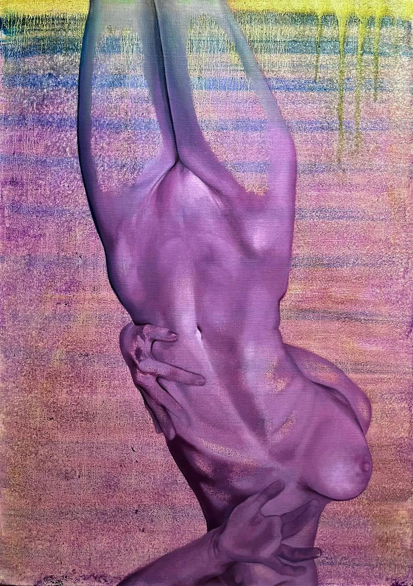 Oil painting by Jagoda Laprus depicting a hanging naked female body against a colorful abstract background