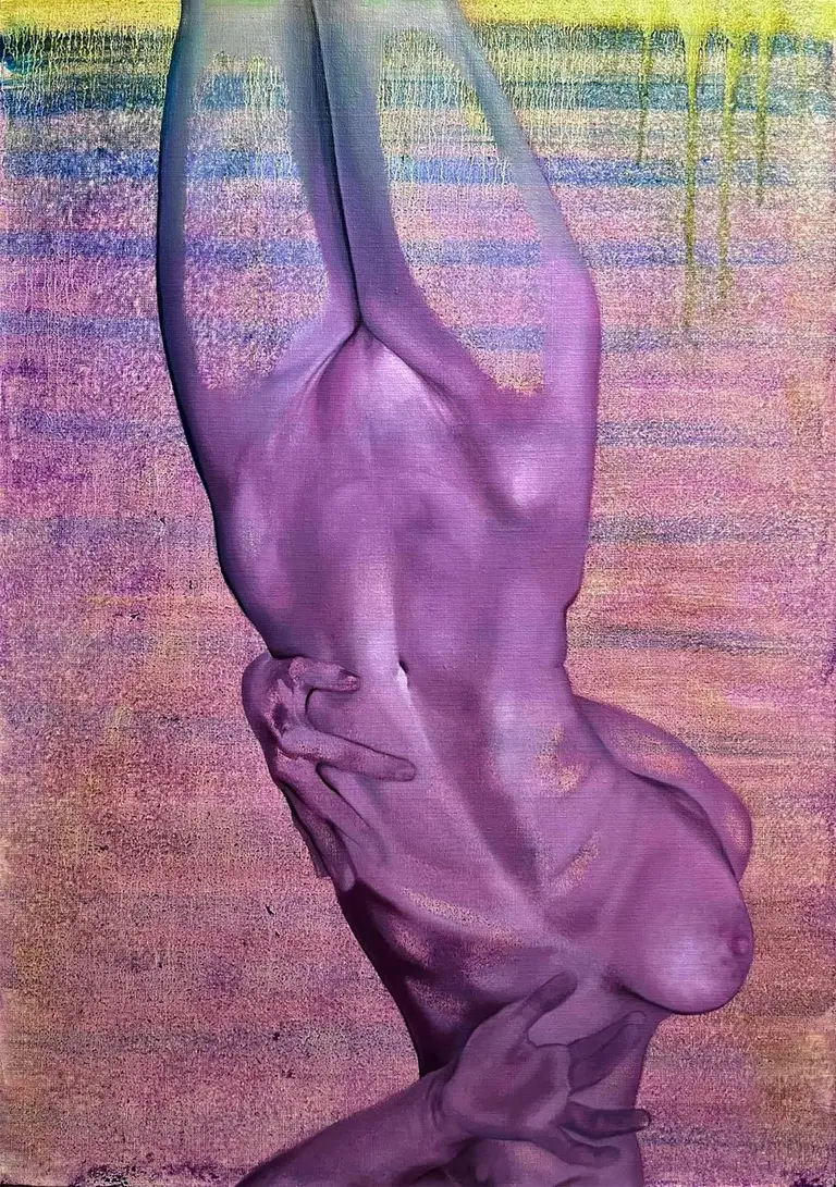 Oil painting by Jagoda Laprus depicting a hanging naked female body against a colorful abstract background
