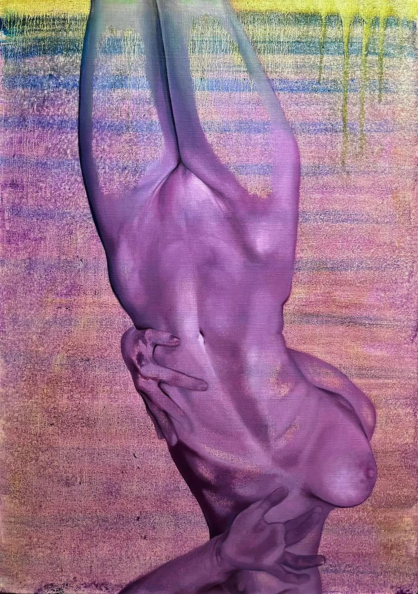 Oil painting by Jagoda Laprus depicting a hanging naked female body against a colorful abstract background