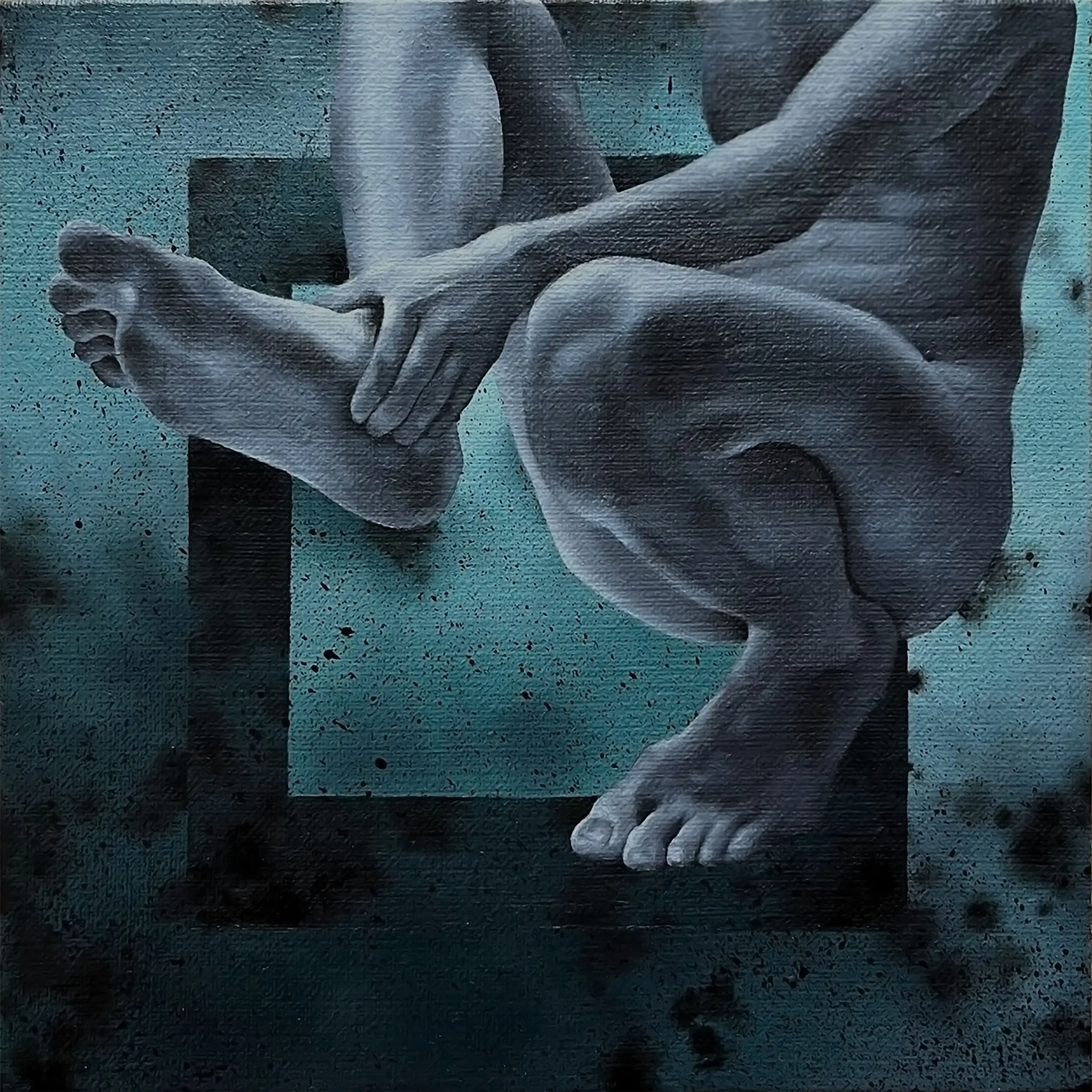 A male nude in a seated pose on a turquoise background with a geometric motif