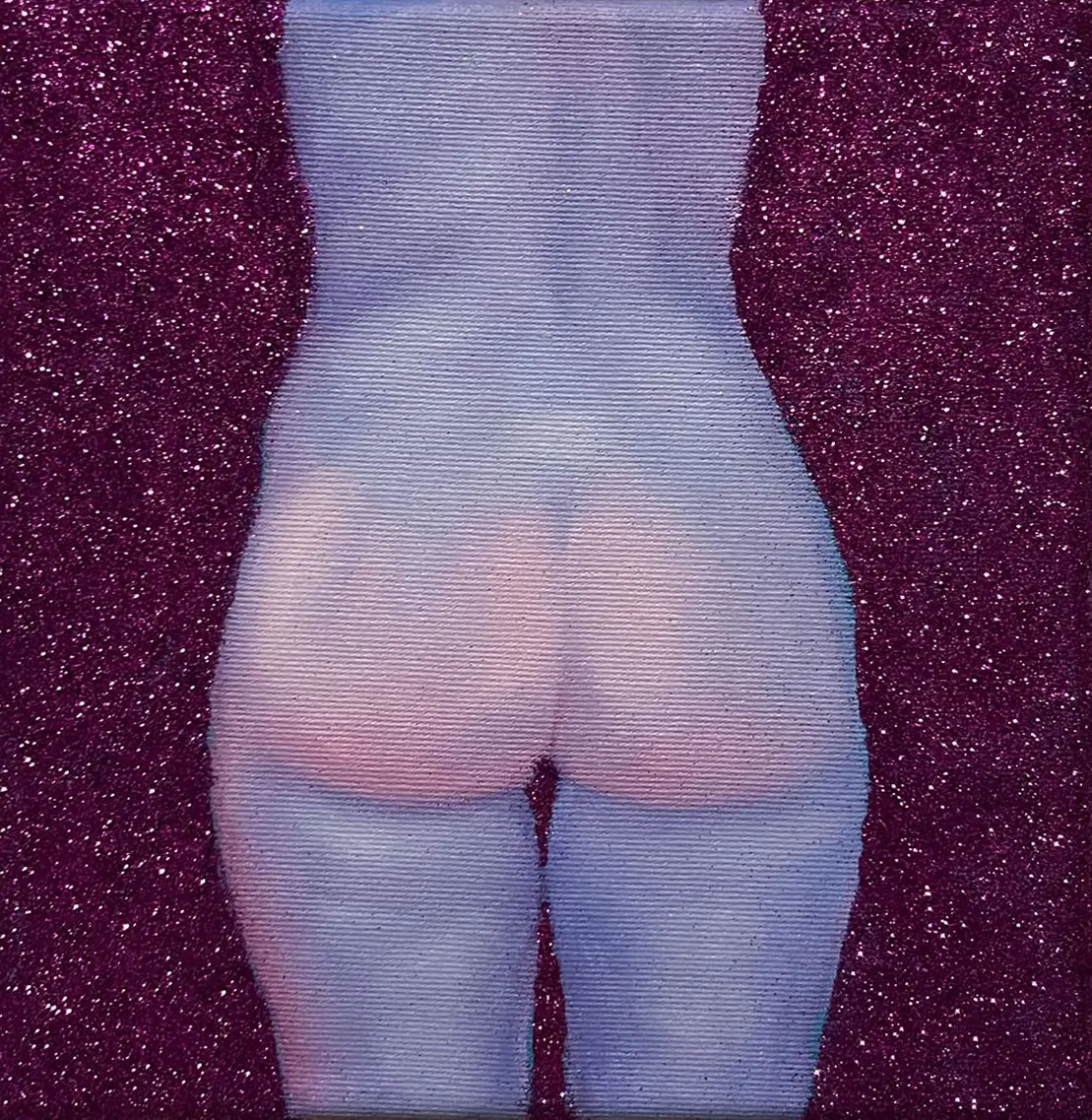 Jagoda Laprus. Oil painting 20x20cm. Purple female nude body standing from behind on a shimmering glitter background