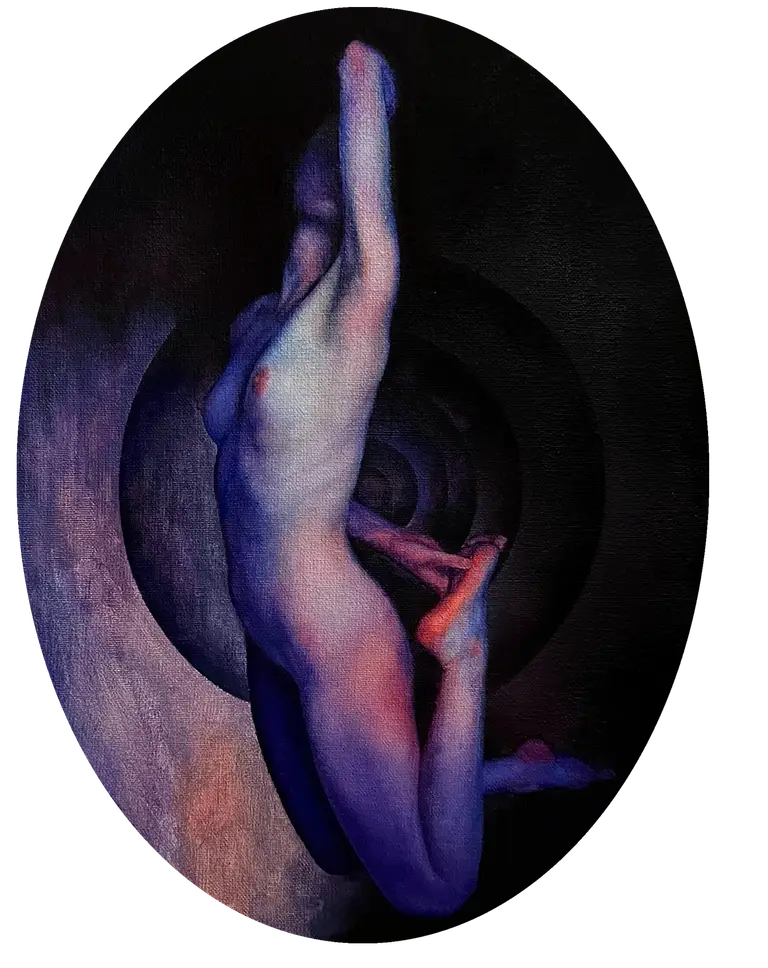 Oval oil painting on board by Jagoda Laprus. A figurative depiction of a female nude set against a dark geometric background. The artwork is rendered in shades of purple and orange
