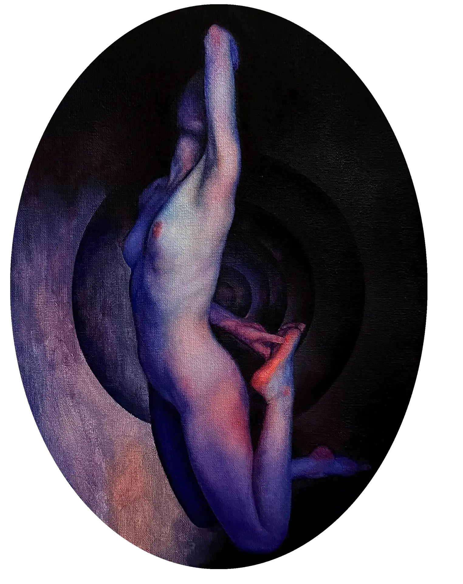Oval oil painting on board by Jagoda Laprus. A figurative depiction of a female nude set against a dark geometric background. The artwork is rendered in shades of purple and orange