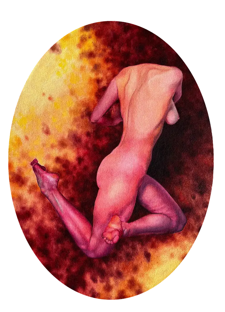 Oval painting of a female nude against an intense, colorful background, 24x18 cm format