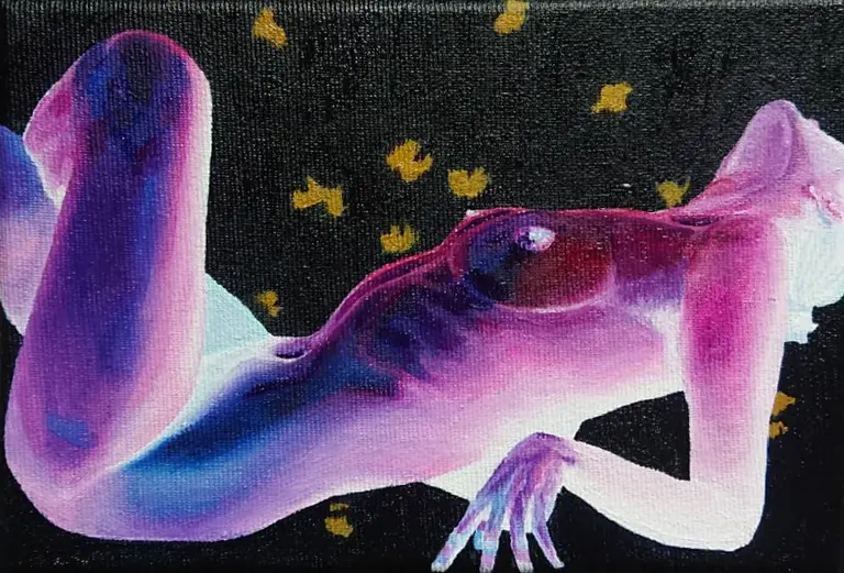 Jagoda Laprus. Obraz olejny 13x18cm. Fioletowy leżący akt kobiecy w negatywie na czarnym tle